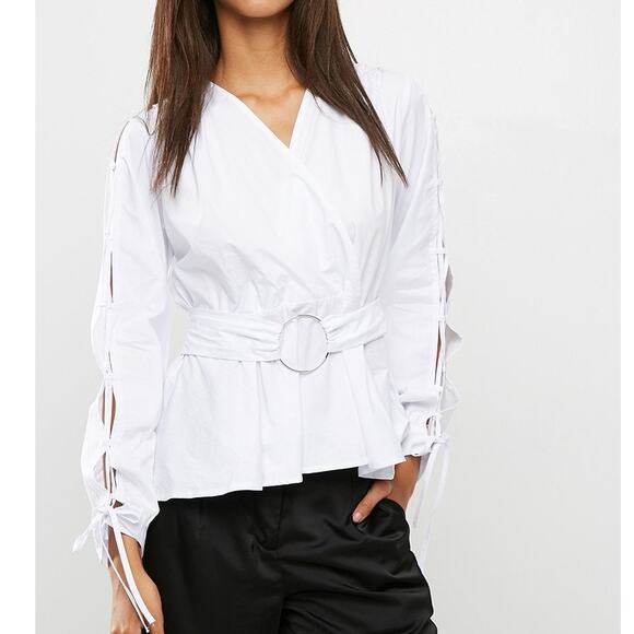 VENUS Top Blouse Women 6 White Open Long Sleeves Lace-up V-neck Belt Buckle - Picture 2 of 14